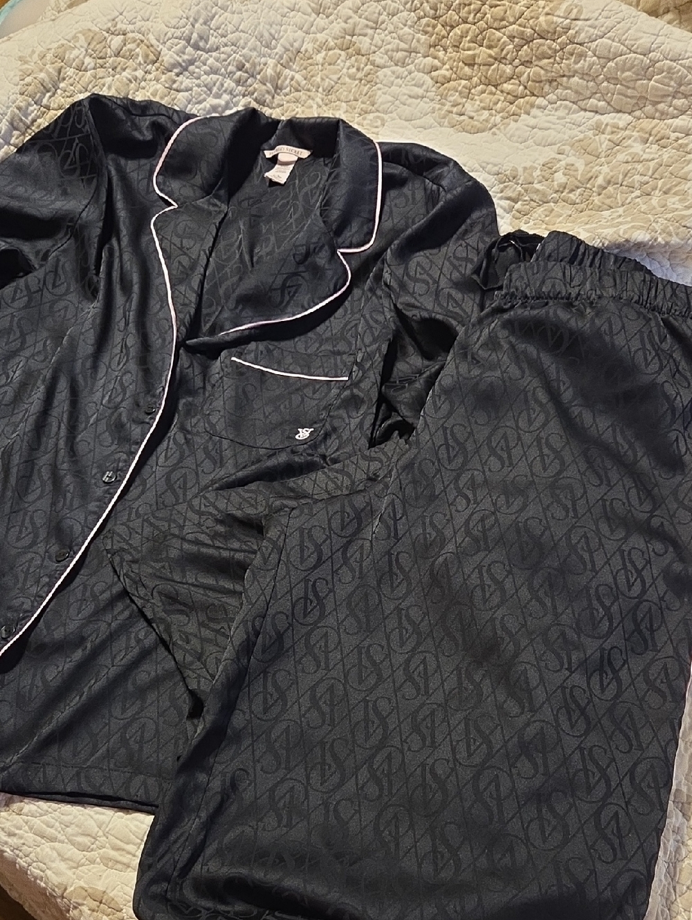 Victoria's Secret Black Satin Pajama Top with Tonal Monogram